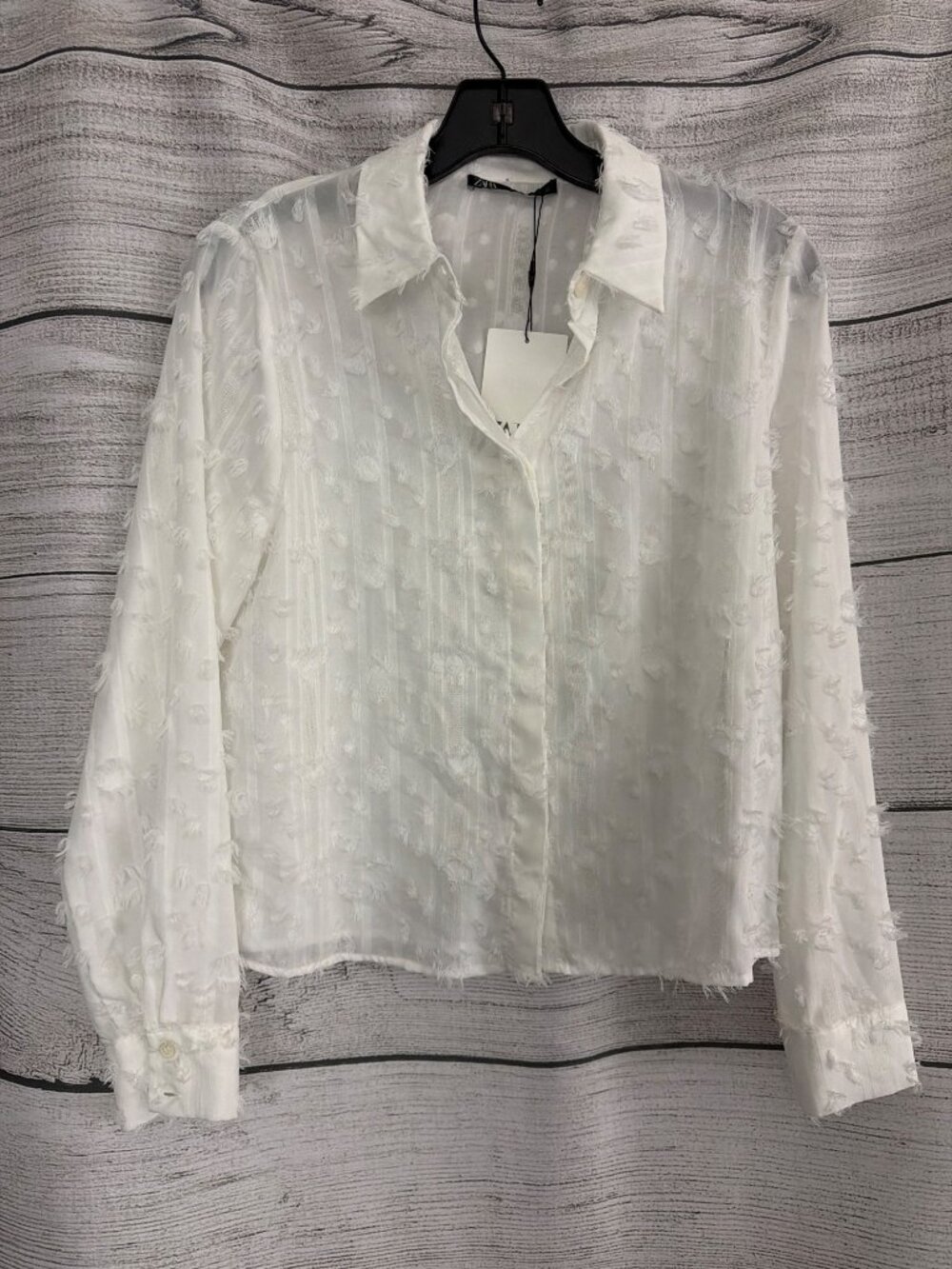 NWT Zara White Sheer Fringe Textured Button-Up Shirt Size S